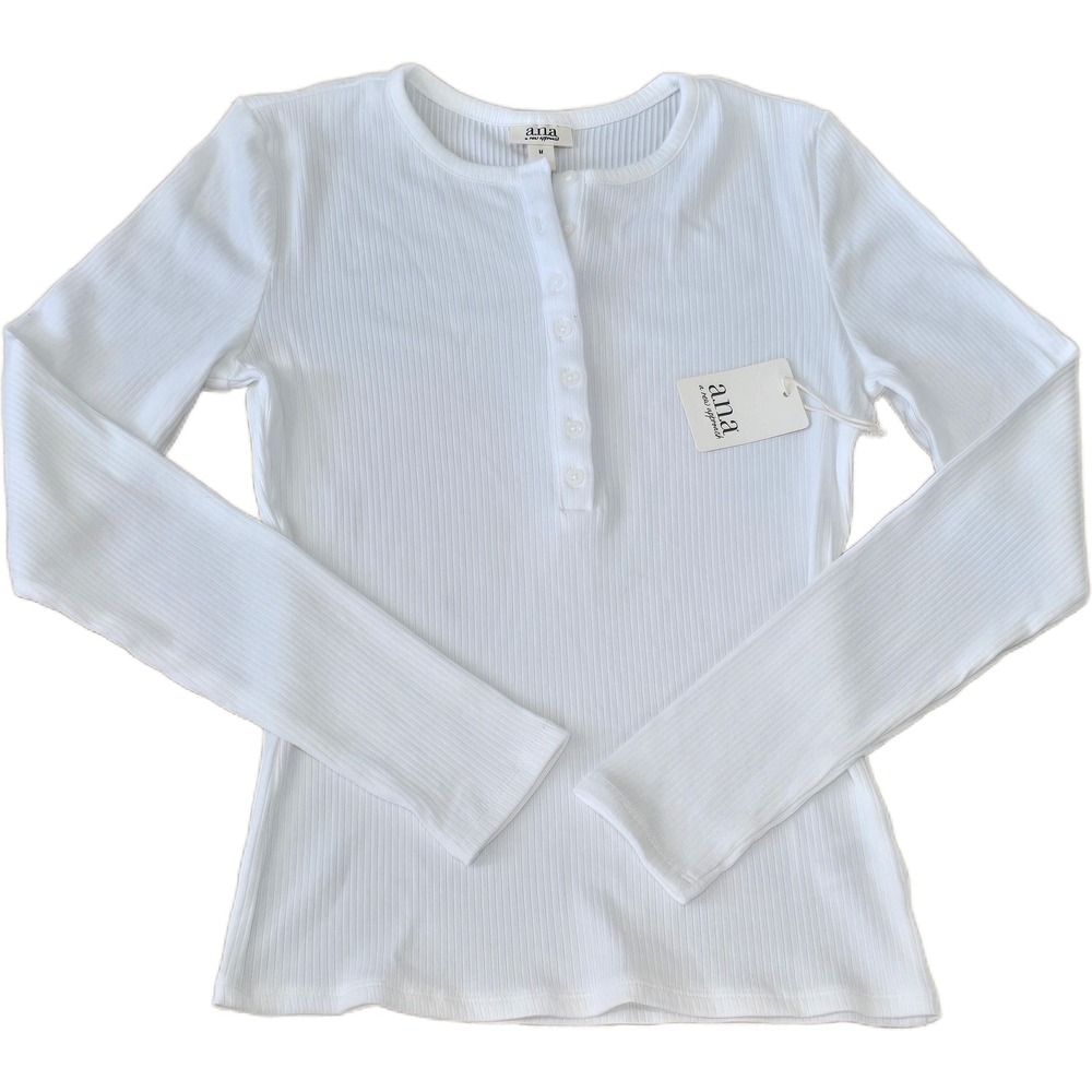 a.n.a a new approach White Ribbed Henley Long Sleeve Top Snowdrift Medium NWT